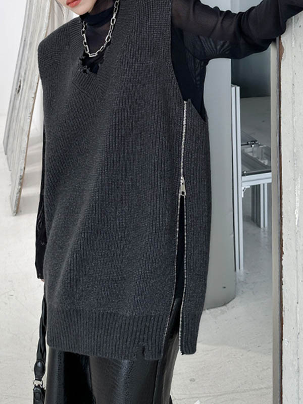 xakxx Loose Sleeveless Asymmetric Split-Side Zipper V-Neck Vest Outerwear