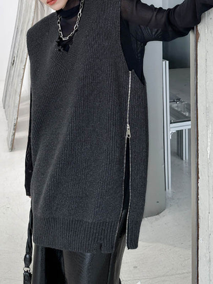 xakxx Loose Sleeveless Asymmetric Split-Side Zipper V-Neck Vest Outerwear
