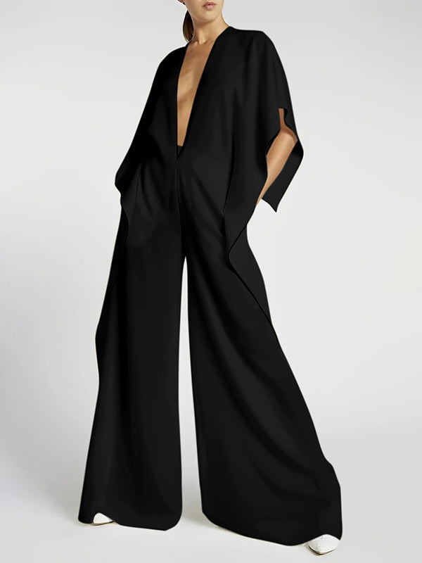 xakxx Loose Half Sleeves Solid Color Deep V-Neck Jumpsuits