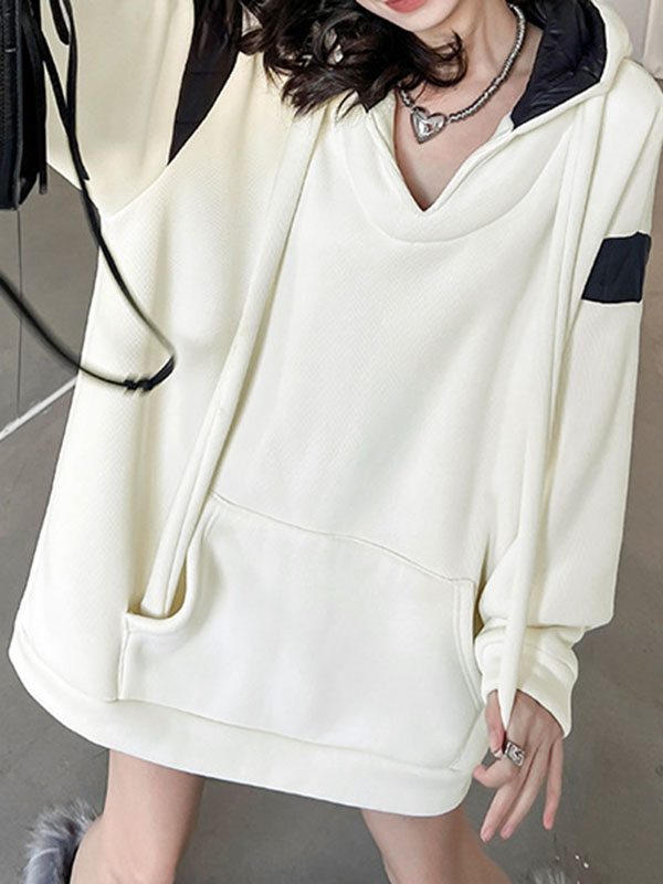 xakxx Long Sleeves Loose Contrast Color Drawstring Pockets Velvet Hoodies Tops