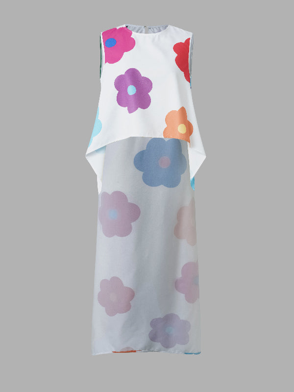 xakxx High-Low Loose Contrast Color Floral Printed Round-Neck Vest Top