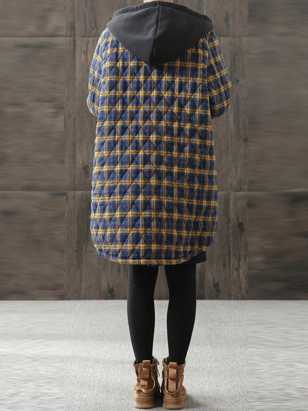 xakxx Vintage Loose Plaid Quilted Hooded Padded Coat