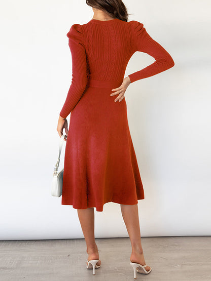 xakxx High Waisted Long Sleeves Solid Color Tied Waist Round-Neck Midi Dresses Sweater Dresses