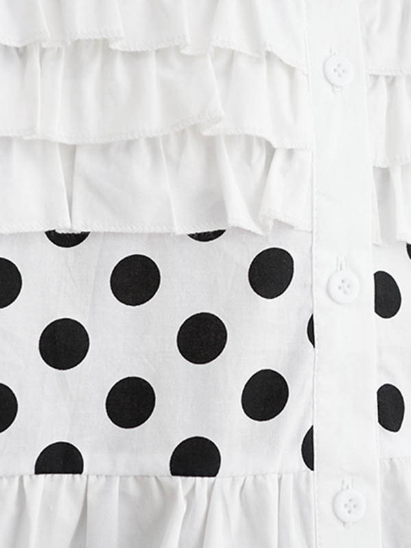 xakxx Loose Short Sleeves Contrast Color Pleated Polka-Dot Split-Joint Lapel Blouses