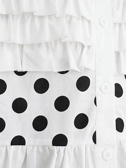 xakxx Loose Short Sleeves Contrast Color Pleated Polka-Dot Split-Joint Lapel Blouses