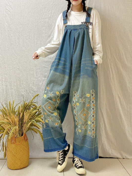 xakxx Vintage Denim Embroidered Wide Leg Jumpsuits