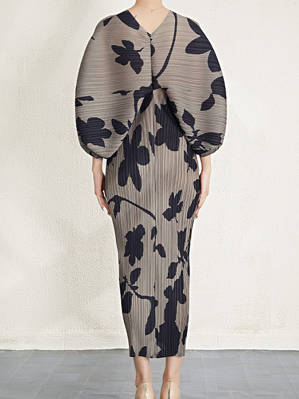 xakxx Batwing Sleeves Loose Pleated Printed V-Neck Midi Dresses