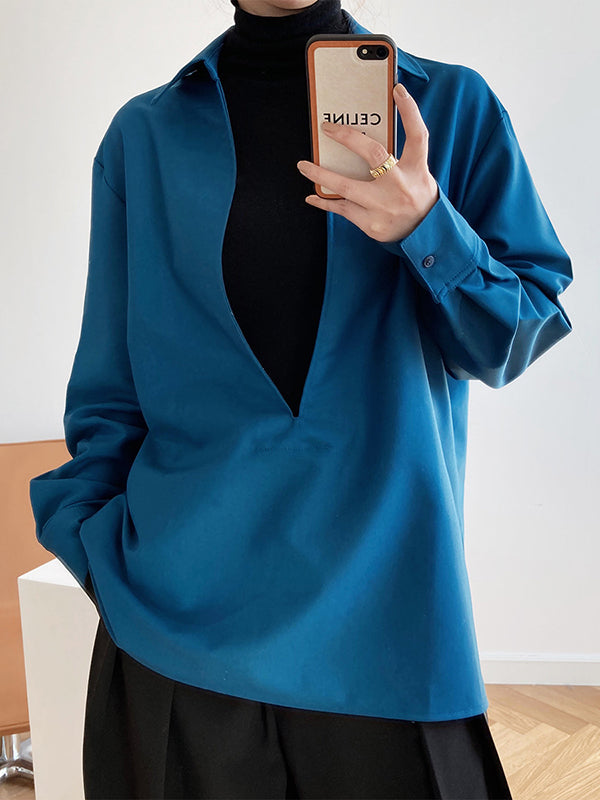xakxx Long Sleeves Loose Solid Color Lapel Blouses