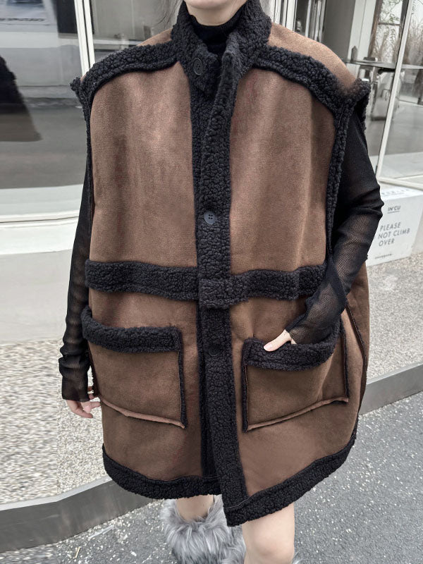 xakxx Loose Sleeveless Buttoned Contrast Color Pockets Reversible Velvet Stand Collar Vest Outerwear