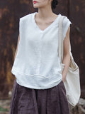 xakxx Loose Sleeveless Fringed Pleated Solid Color Split-Joint V-Neck Vest Top