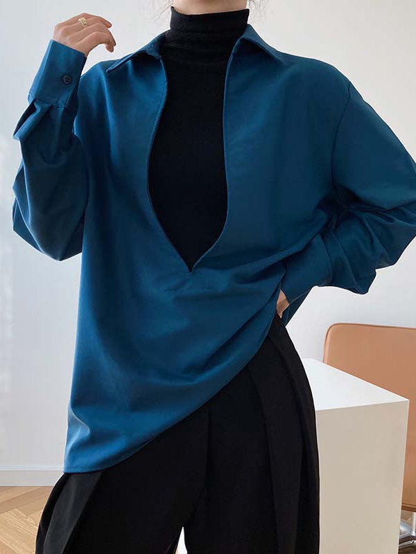 xakxx Long Sleeves Loose Solid Color Lapel Blouses