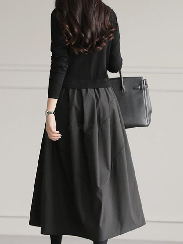 xakxx A-Line Long Sleeves Pleated Split-Joint Round-Neck Midi Dresses