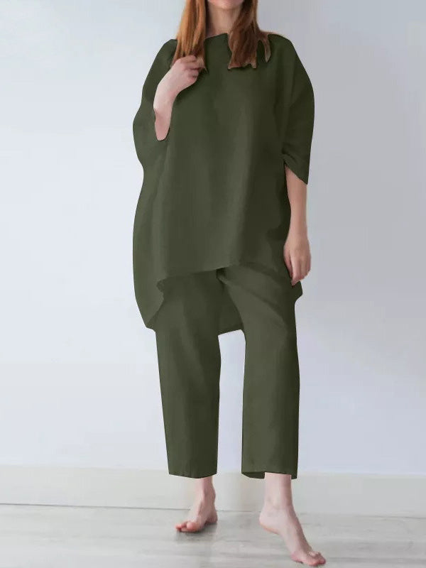 xakxx Casual Loose Long Sleeves Solid Color T-Shirt Top&Pants Two Pieces Set