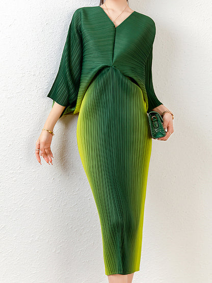 xakxx Fashion Loose Batwing Sleeves Gradient Pleated Midi Dress
