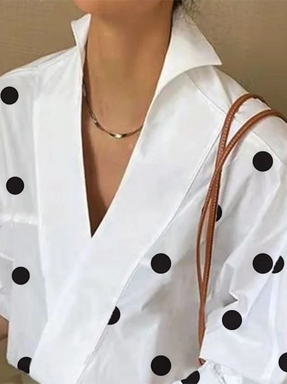 xakxx Loose Puff Sleeves Polka-Dot Lapel Collar Blouses&Shirts Tops