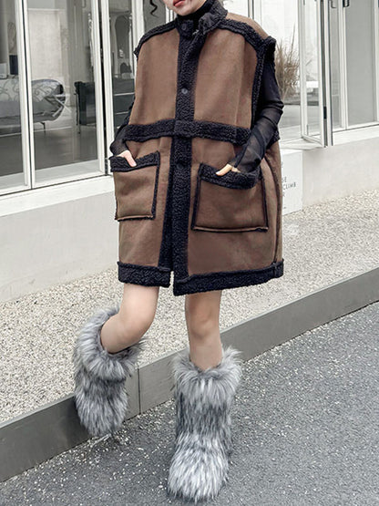 xakxx Loose Sleeveless Buttoned Contrast Color Pockets Reversible Velvet Stand Collar Vest Outerwear