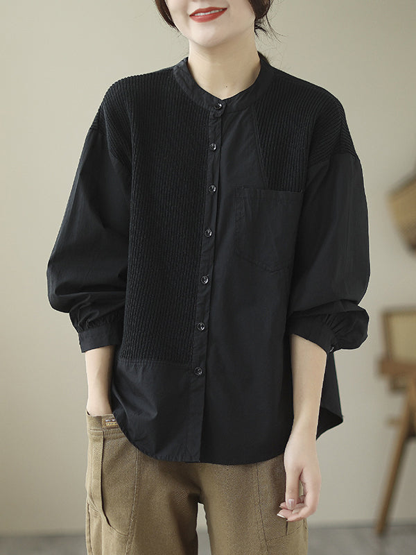xakxx Vintage Long Sleeves Loose Split-Joint Round-Neck Blouses&Shirts Tops