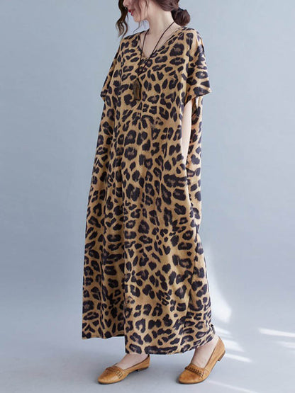 xakxx Loose Leopard V-Neck Batwing Sleeves Maxi Dress