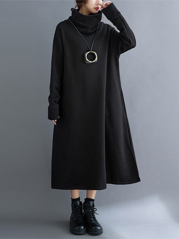 xakxx A-Line Long Sleeves Pockets Solid Color Split-Side Velvet High Neck Midi Dresses