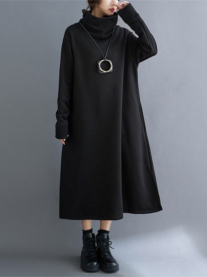 xakxx A-Line Long Sleeves Pockets Solid Color Split-Side Velvet High Neck Midi Dresses