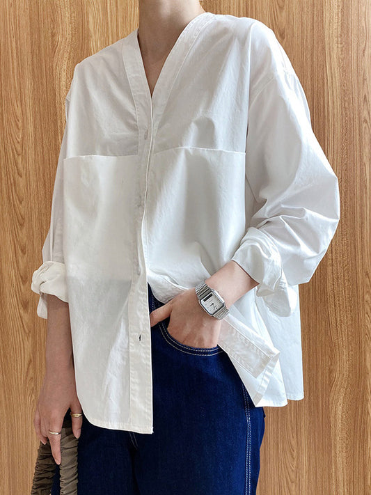 xakxx Loose Simple V-Neck Pocket Blouses