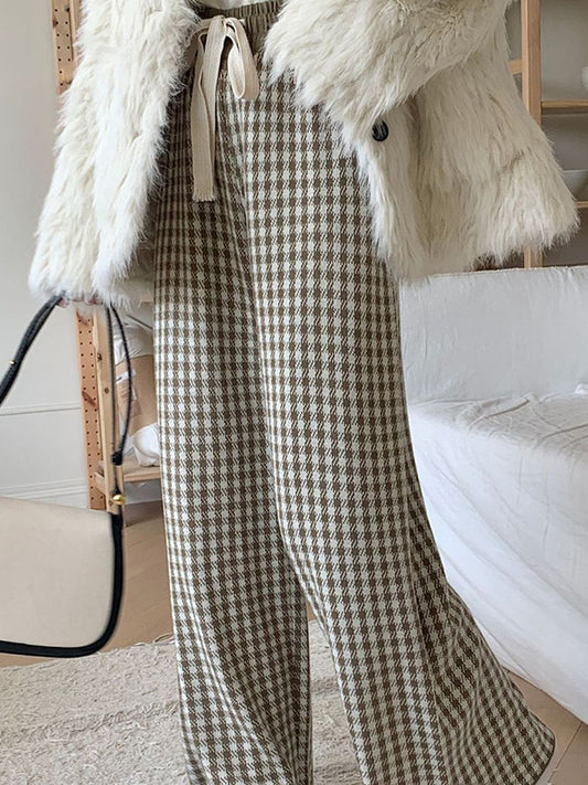 xakxx High Waisted Loose Drawstring Elasticity Plaid Pants Trousers