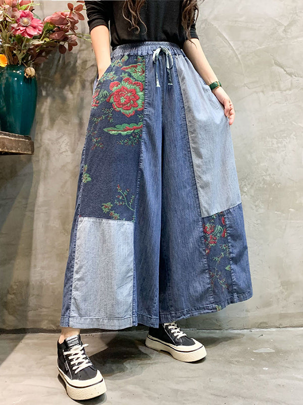 xakxx Casual Wide Leg Loose Color-Block Bandage Embroidered Jean Pants Bottoms