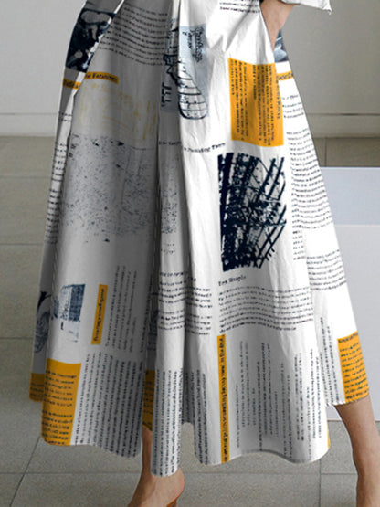 xakxx Long Sleeves Loose Newspaper Print Pleated Tied Waist Lapel Midi Dresses Shirt Dress