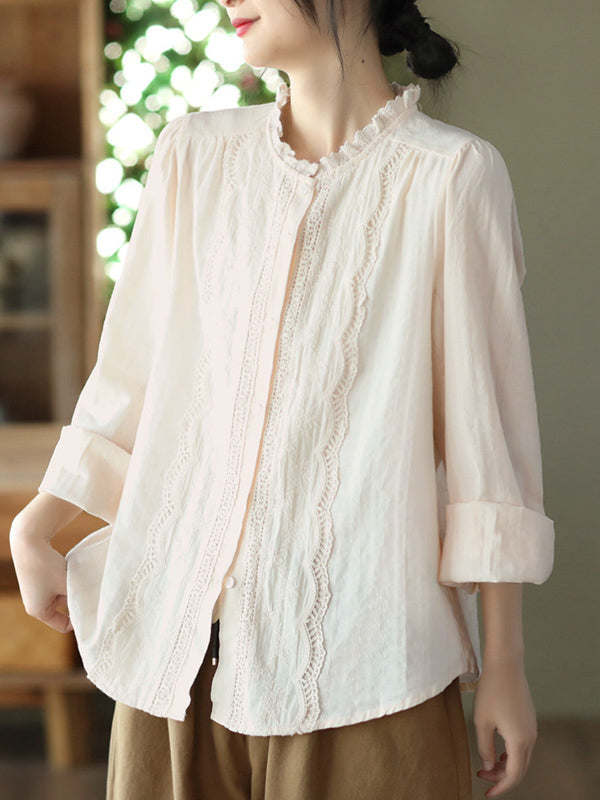 xakxx Long Sleeves Loose Embroidered Round-Neck Blouses&Shirts Tops