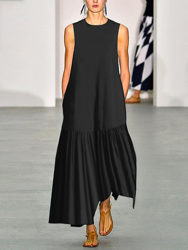 xakxx A-Line Loose Solid Color Split-Joint Round-Neck Maxi Dresses