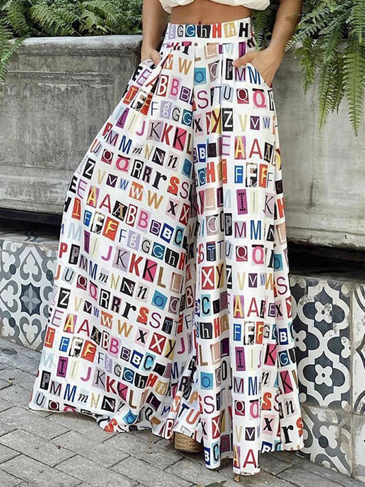 xakxx Loose Wide Leg Contrast Color Letter Print Casual Pants Bottoms
