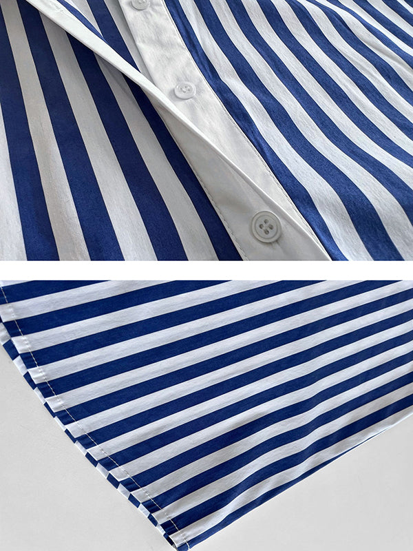 xakxx Simple Long Sleeves Contrast Color Striped Lapel Blouse Top