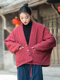 xakxx Vintage Loose Long Sleeves Keep Warm V-Neck Padded Coat