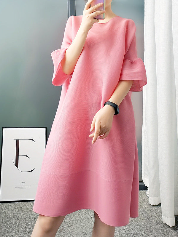 xakxx Stylish Selection Flared Sleeves A-Line Pleated Solid Color Round-Neck Midi Dresses