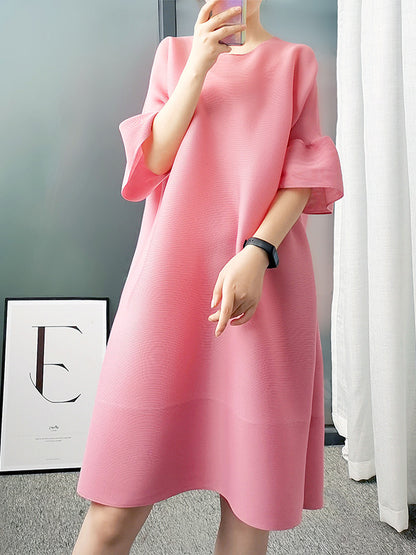 xakxx Stylish Selection Flared Sleeves A-Line Pleated Solid Color Round-Neck Midi Dresses