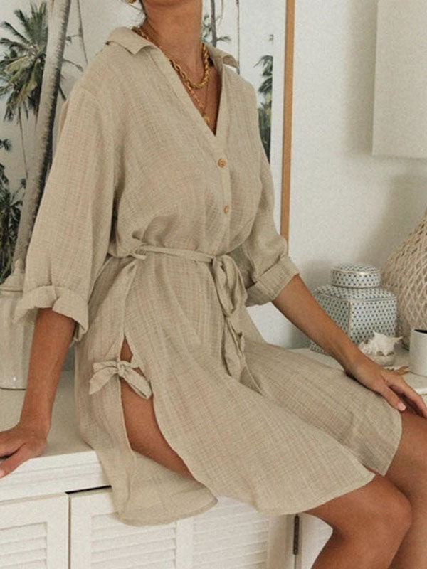 xakxx High Waisted Long Sleeves Buttoned Solid Color Split-Side Tied Waist V-Neck Mini Dresses