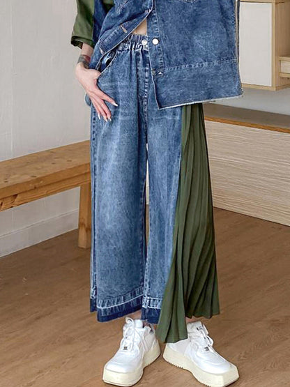 xakxx Loose Ninth Pants Contrast Color Pleated Split-Joint Jean Pants Bottoms