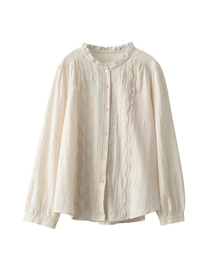 xakxx Long Sleeves Loose Embroidered Round-Neck Blouses&Shirts Tops