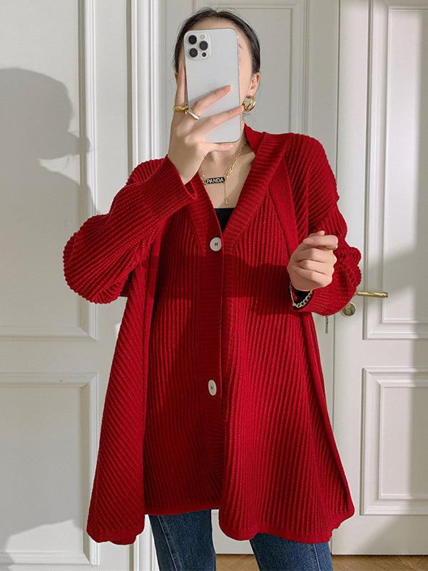 xakxx Stylish A-Line Long Sleeves Loose Solid Color V-Neck Cardigan Tops