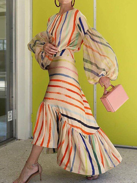 xakxx Split-Joint Striped Puff Sleeves Round-Neck Shirt + High-Low Skirt Two Pieces Set