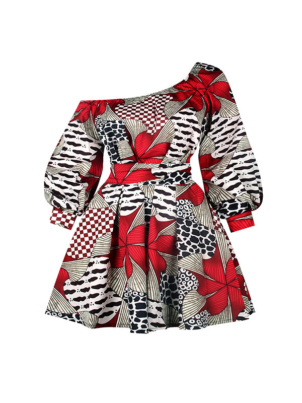 xakxx High Waisted Loose Elasticity Flower Print Tied Waist One-Shoulder Mini Dresses