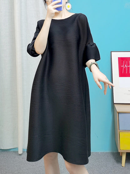 xakxx Stylish Selection Flared Sleeves A-Line Pleated Solid Color Round-Neck Midi Dresses