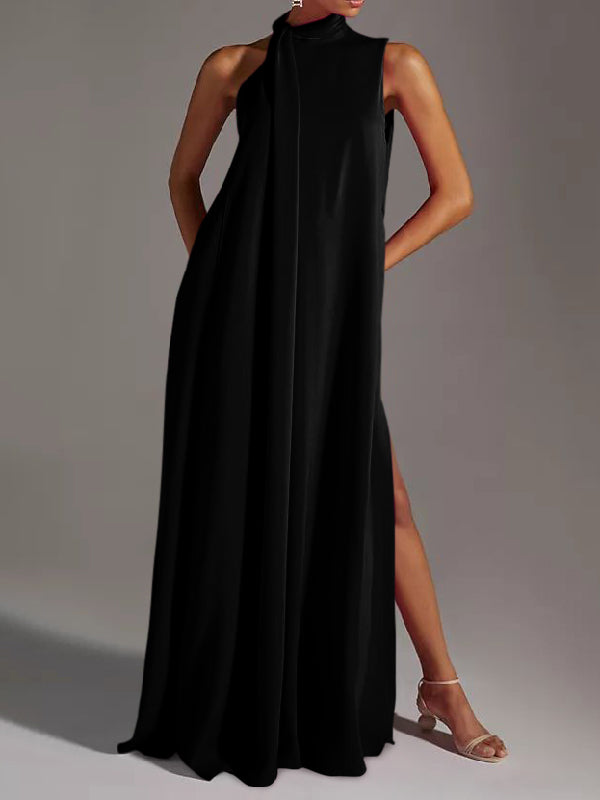 xakxx Sleeveless Solid Color Split-Side Round-Neck Maxi Dresses