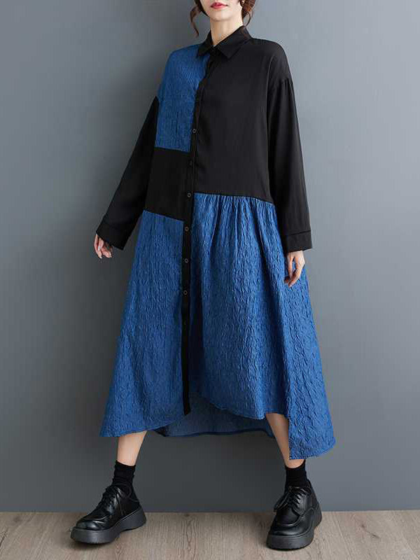 xakxx High-Low Long Sleeves Asymmetric Buttoned Split-Joint Lapel Midi Dresses