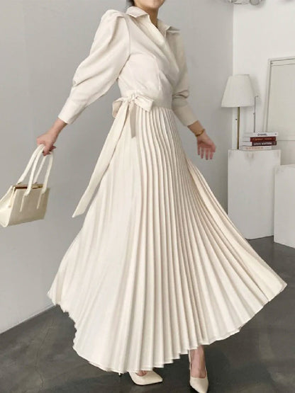xakxx Office Pleated Asymmetric Solid Color Lapel Maxi Dresses