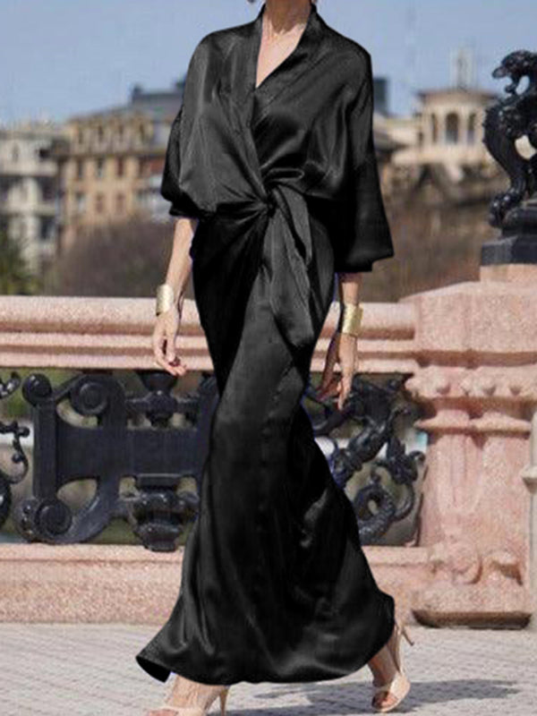 xakxx Half Sleeves Loose Solid Color V-Neck Maxi Dresses
