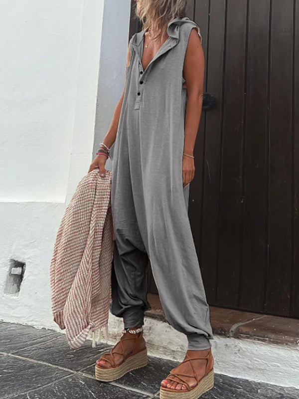 xakxx Loose Sleeveless Buttoned V-Neck Jumpsuits