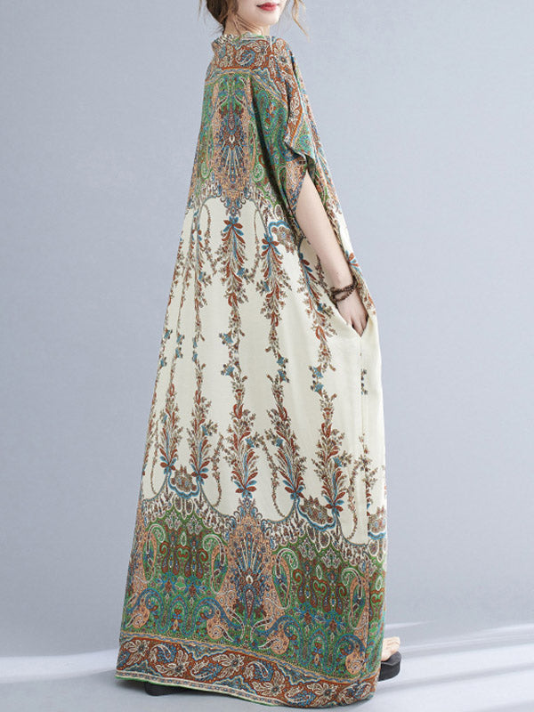 xakxx Vintage Floral Printed V-Neck Batwing Sleeves H-Line Maxi Dress