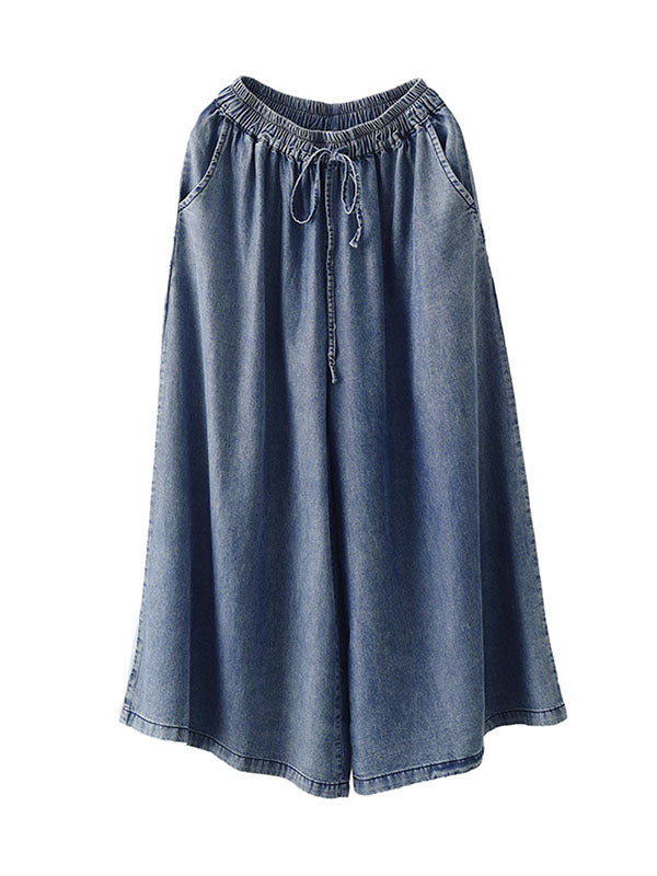 xakxx High Waisted Ninth Pants Drawstring Elasticity Pockets Wide Leg Jean Pants