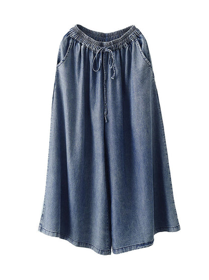xakxx High Waisted Ninth Pants Drawstring Elasticity Pockets Wide Leg Jean Pants